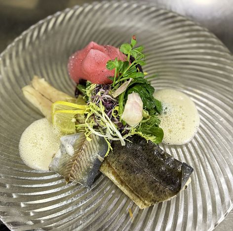 Rote Bete - Kaltgeraeucherte Forelle - Apfel-Krenschaum-Wildkraeuter